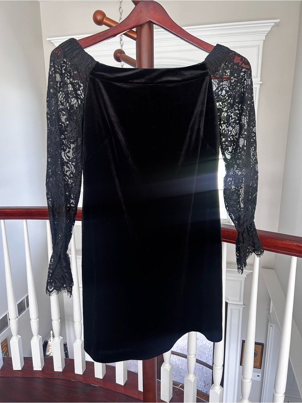 White House Black Market Black Velvet Dress with Lace Long Sleeves